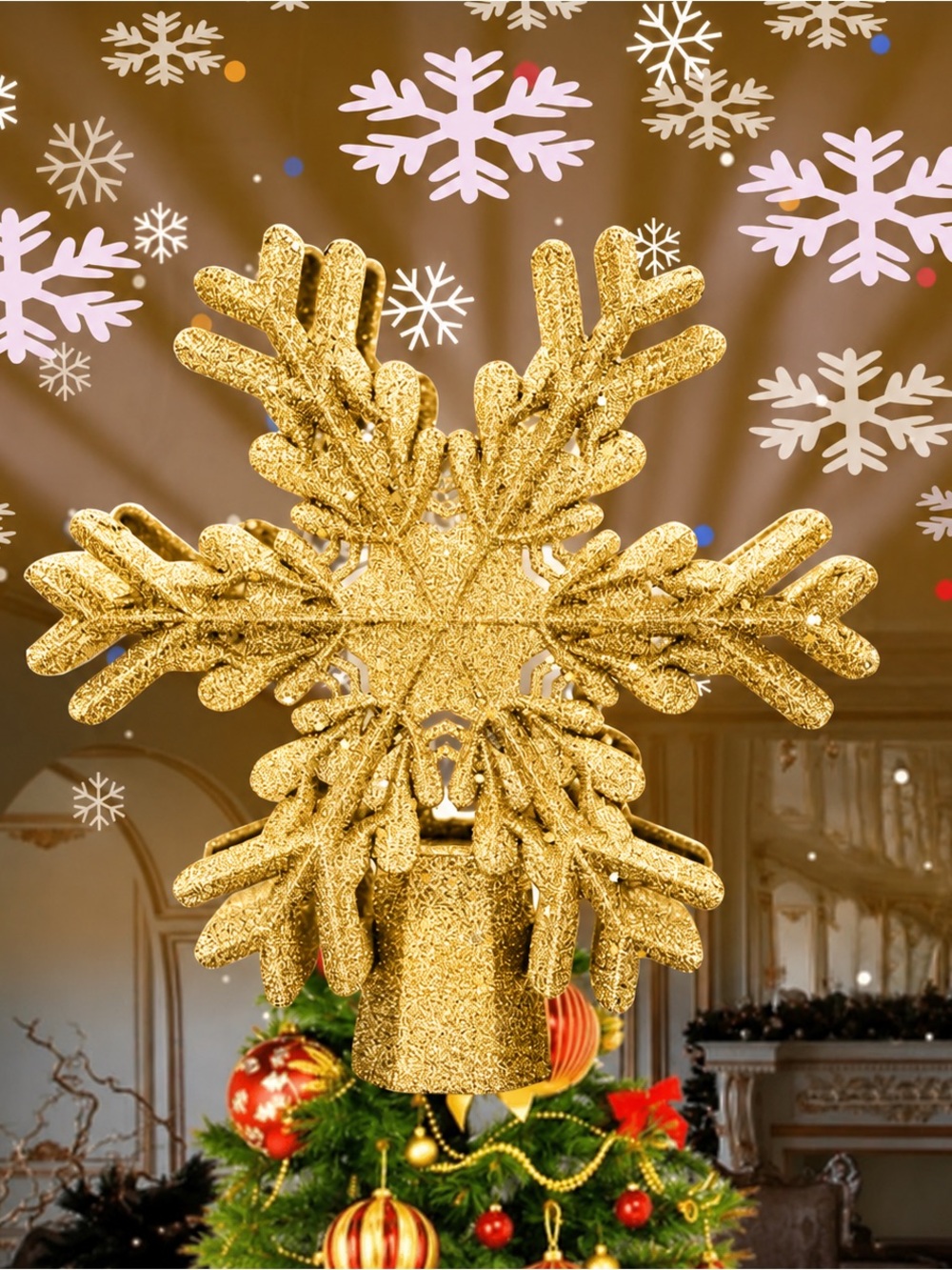 Gold Christmas Tree Topper Star Projector Snowflake 3D Rotating Glitter LED